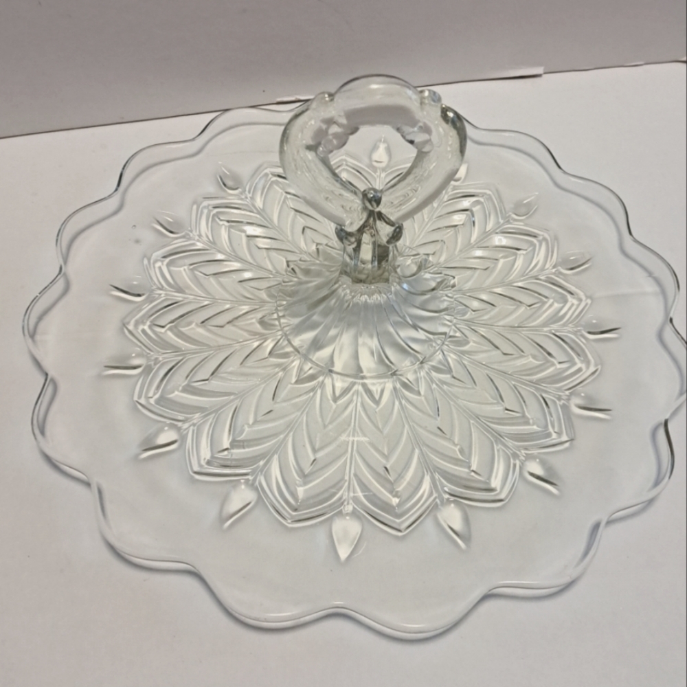 Center Handle tray "Feather" by Jeannette glass 12" x 6" tall (handle)